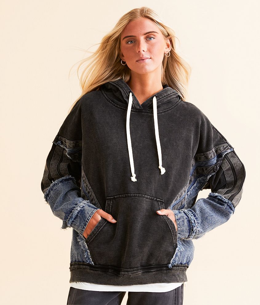 Gilded Intent Pieced Denim Hooded Sweatshirt front view