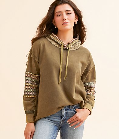 BKE Pieced Crochet Hooded Pullover front view