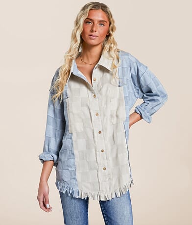 Oli & Hali Pieced Checker Fringe Shirt front view