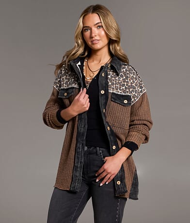 BKE Pieced Cheetah Frayed Shacket front view