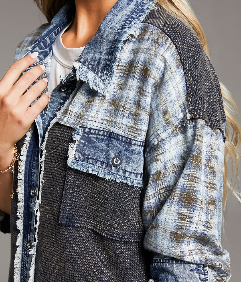 Pieced Plaid Frayed Shacket
