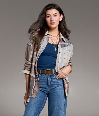 BKE Frayed Mixed Media Shirt front view