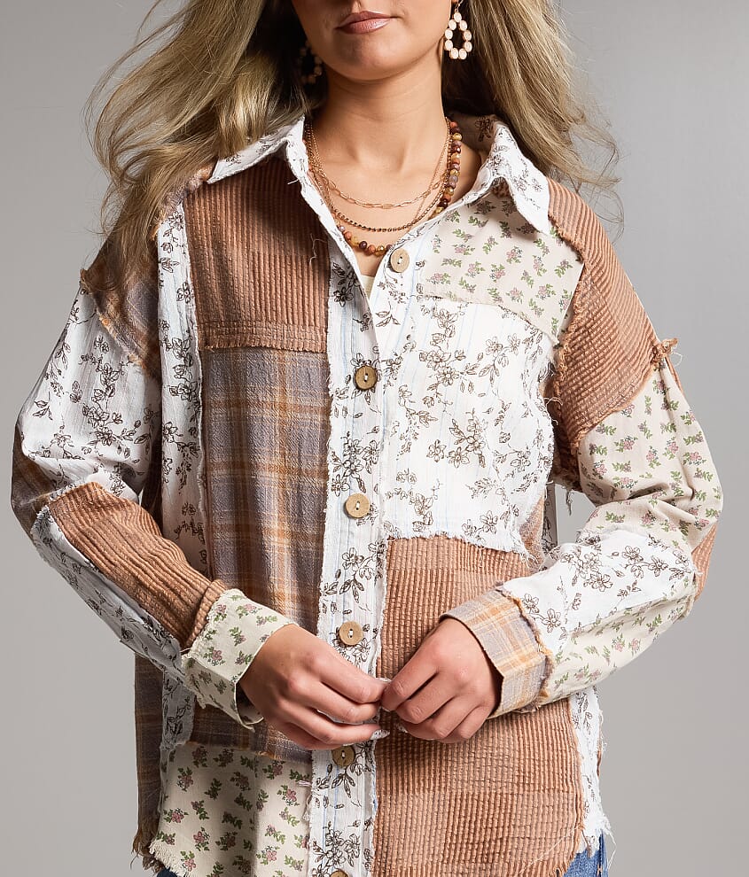 Raw Edge Pieced Floral Shacket