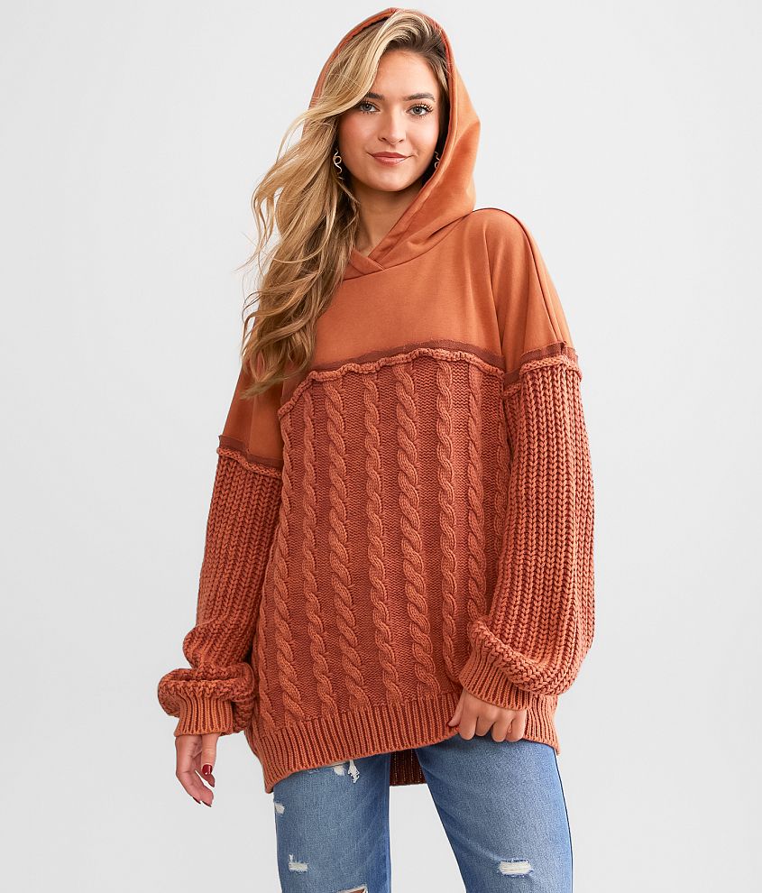 Cable knit 2024 hooded sweater women's