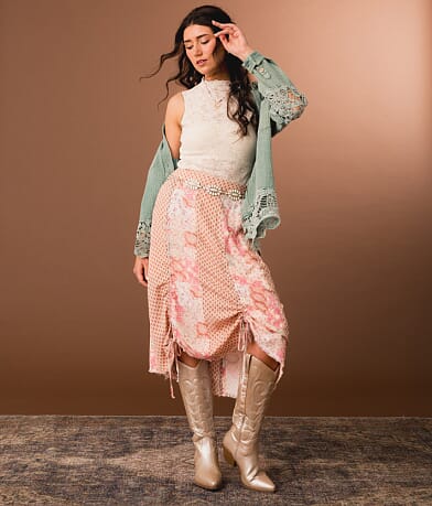 Gimmicks Pieced Cinch Tie Midi Skirt front view