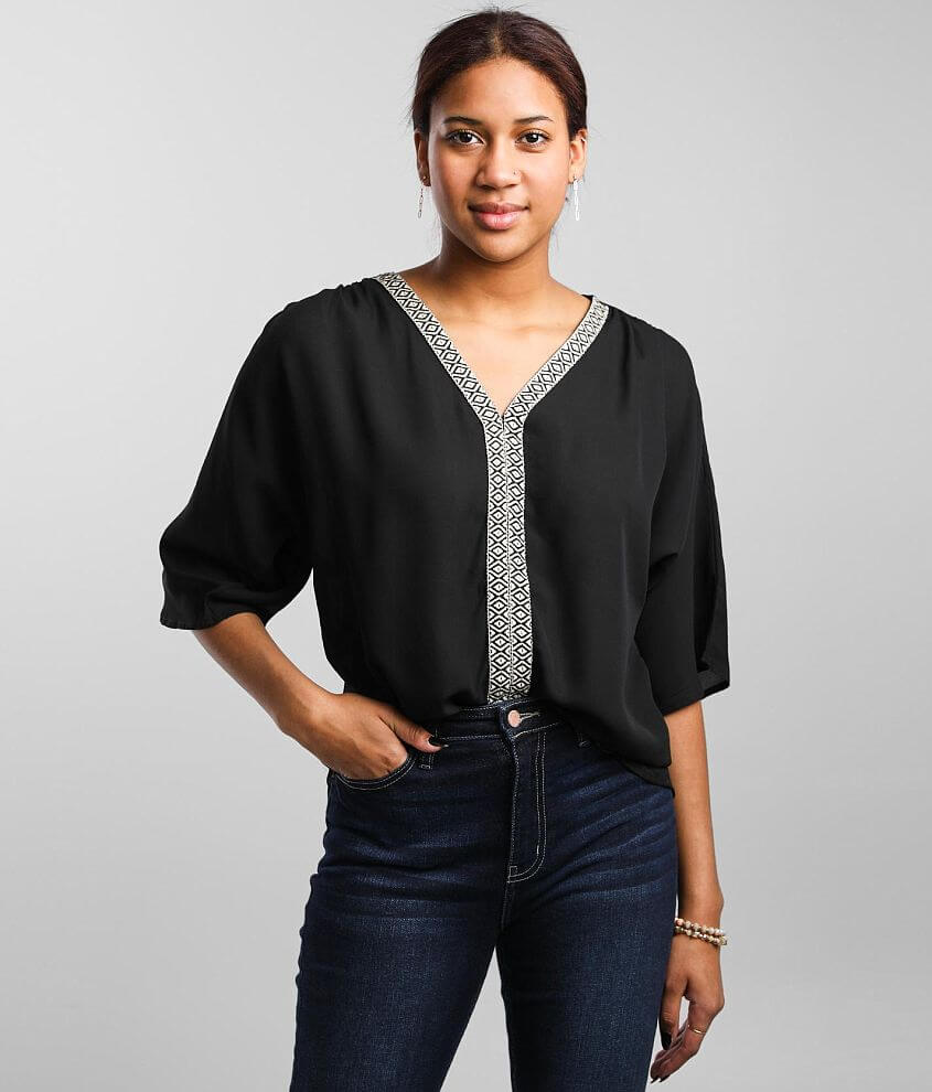 Buckle Black Embroidered Chiffon Top front view