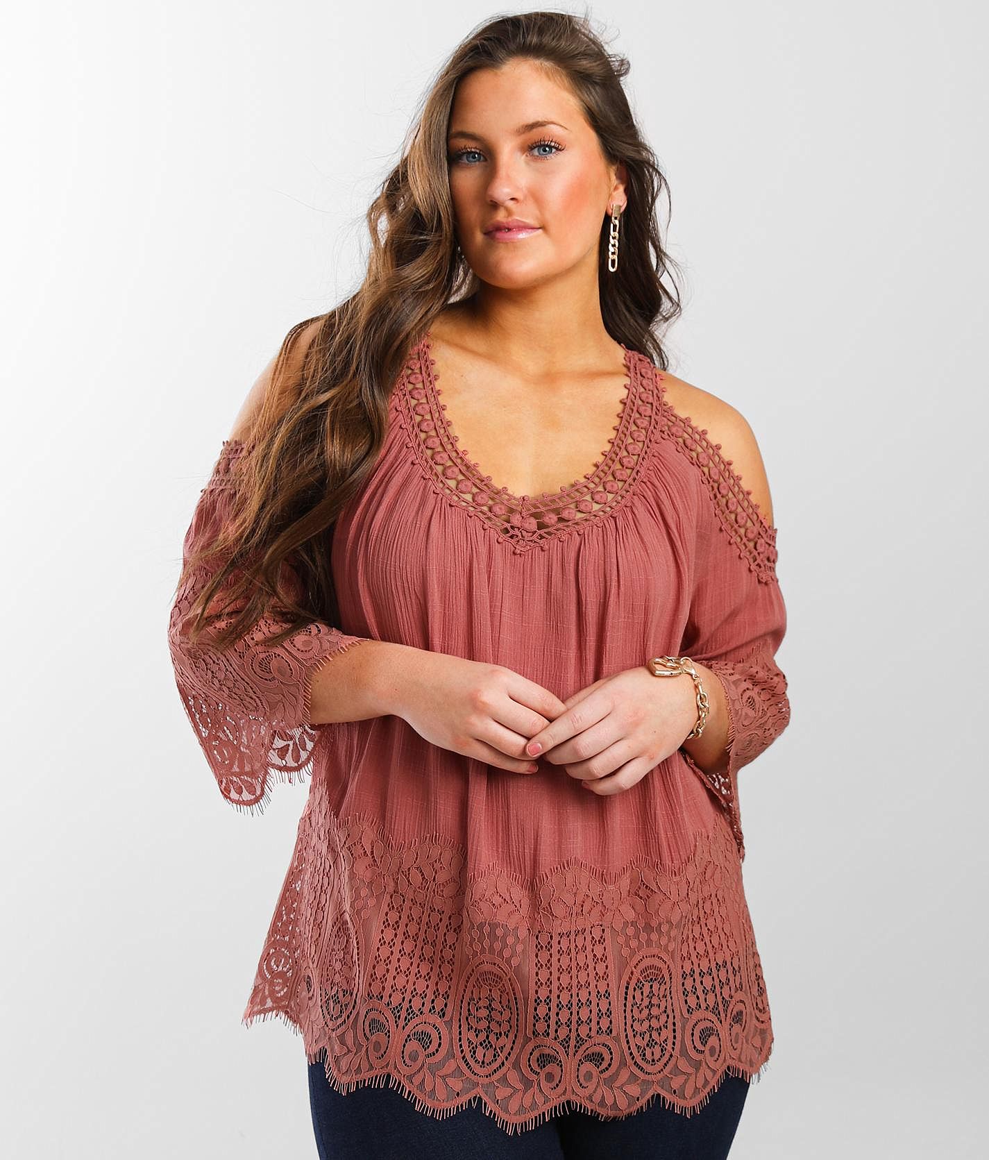 Buckle Black Cold Shoulder Top - Women's Shirts/Blouses in Canyon Rose