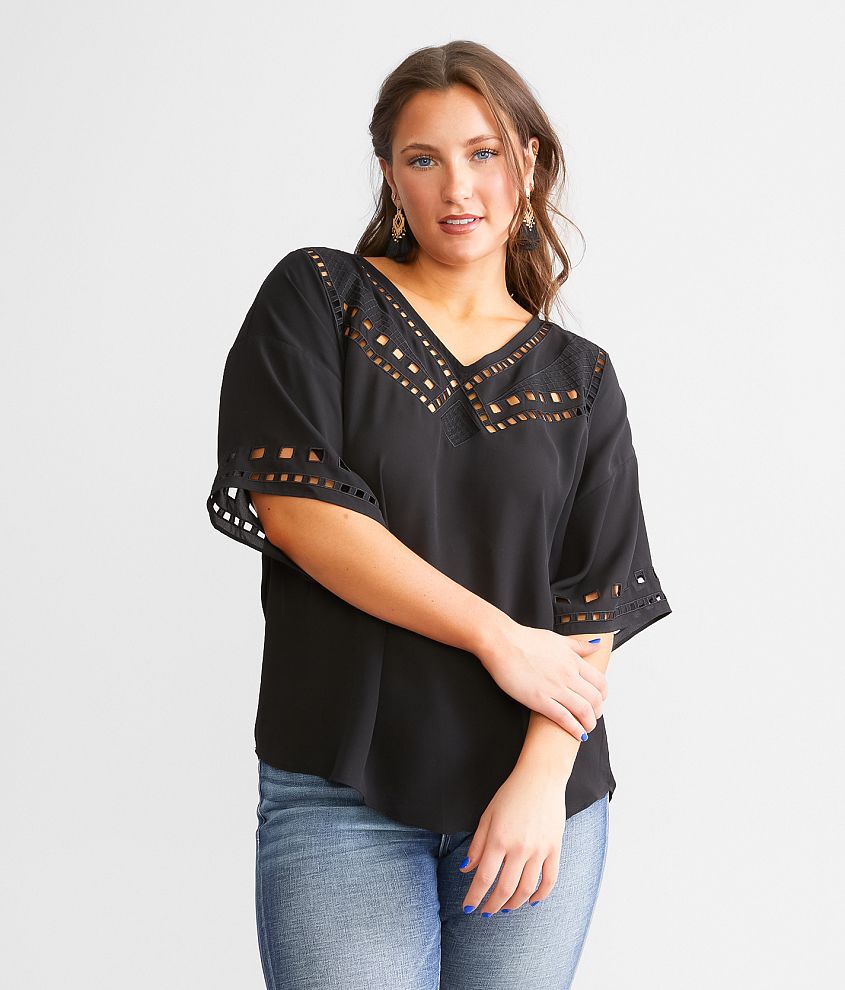 Buckle Black Embroidered Cut-Out Top front view