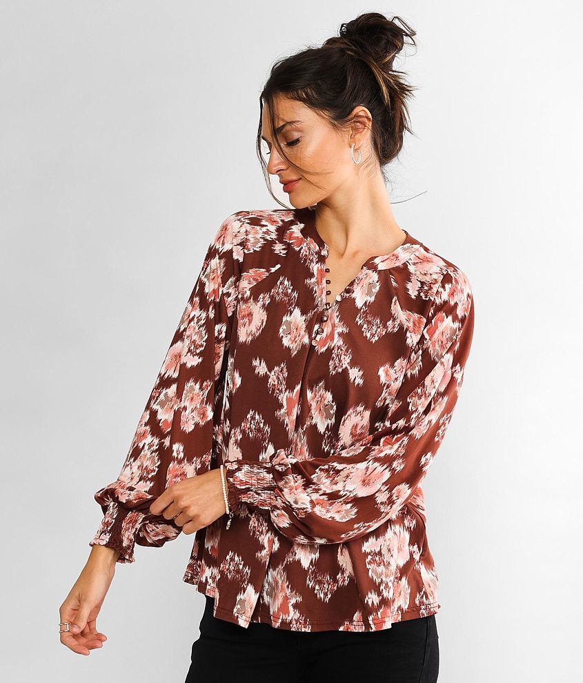 Buckle Black Floral Print Top front view