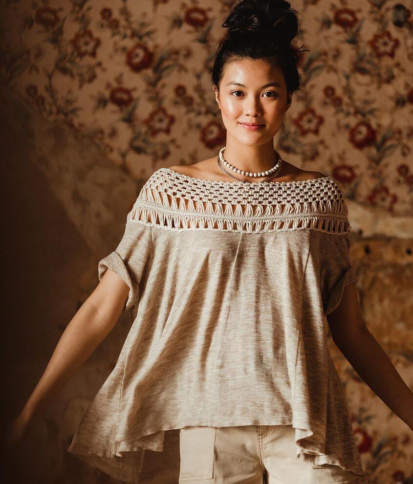 Crochet Yoke Wide Neck Top, Broad Neck Tops