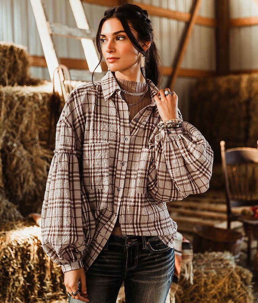 Brown Oversized Flannel Shirt, Tops