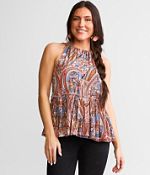 GORGLITTER Women's Boho Paisley Print Cami Top - Ruffle Trim, Spaghetti Strap Peplum Shirt, Non-Stretch Summer Blouse
