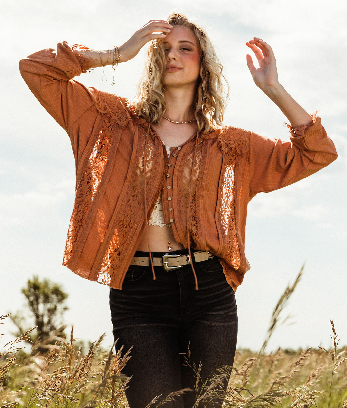 Gimmicks Pieced Lace Front Tie Blouse - Women's Shirts/Blouses in