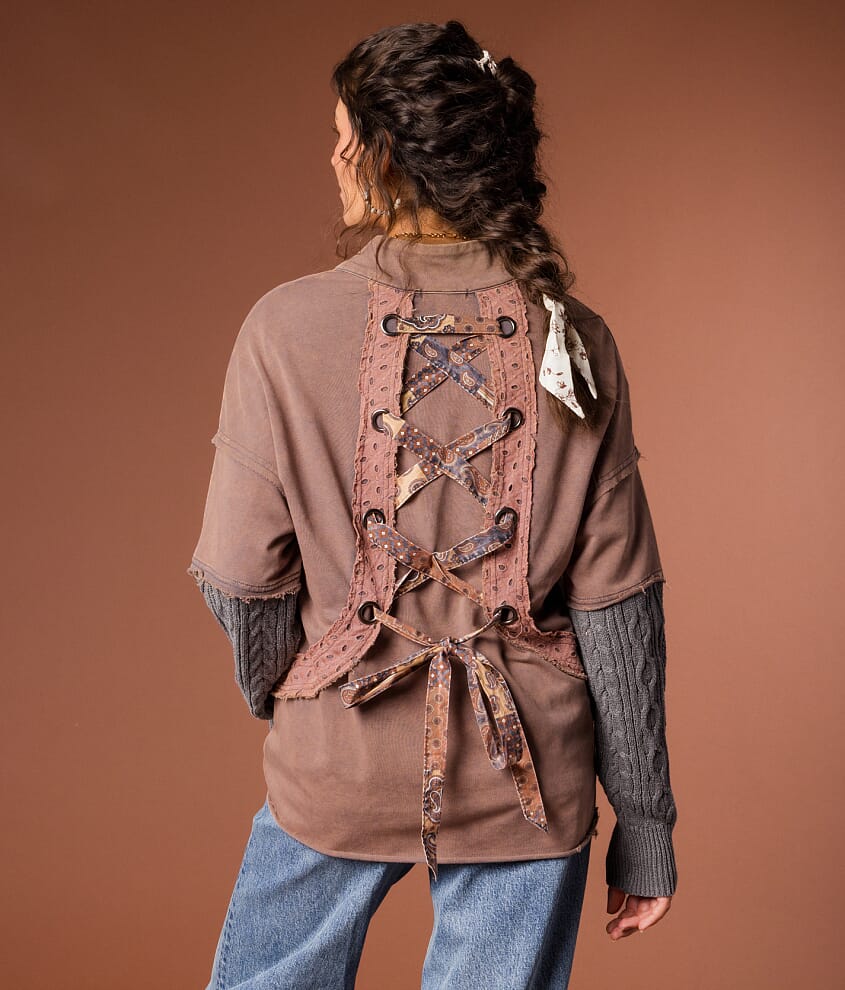 Mixed Media Washed Henley Pullover
