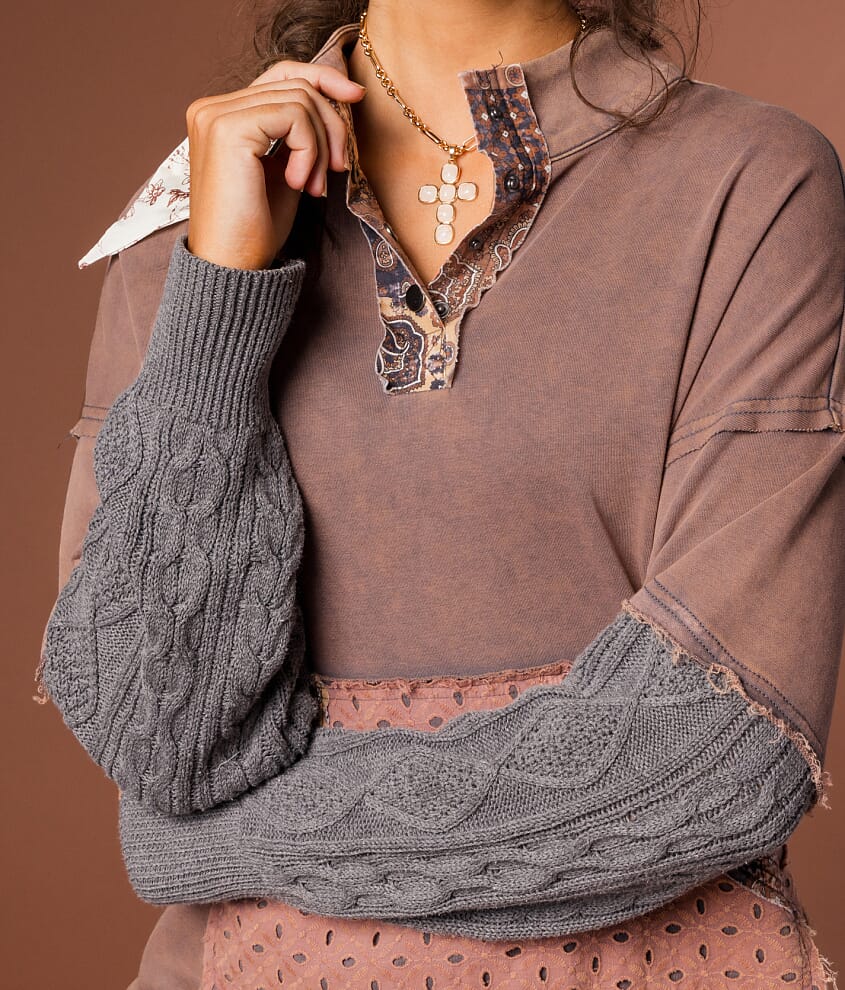 Mixed Media Washed Henley Pullover - thumbnail 5