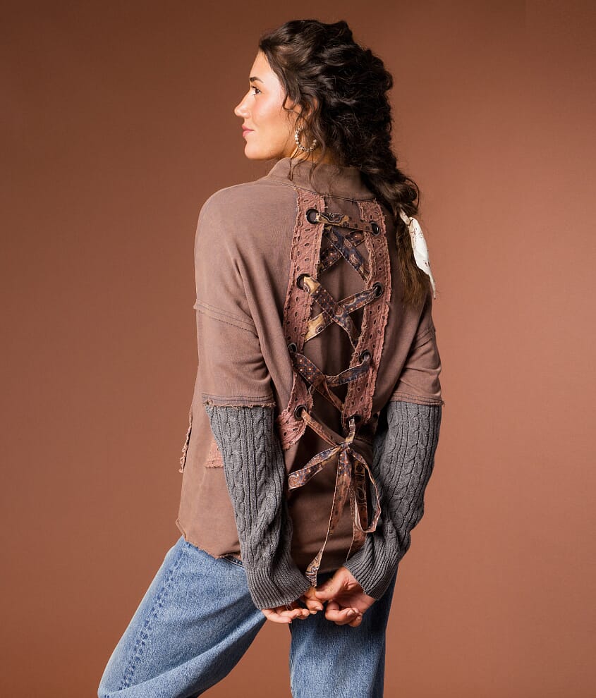 Mixed Media Washed Henley Pullover