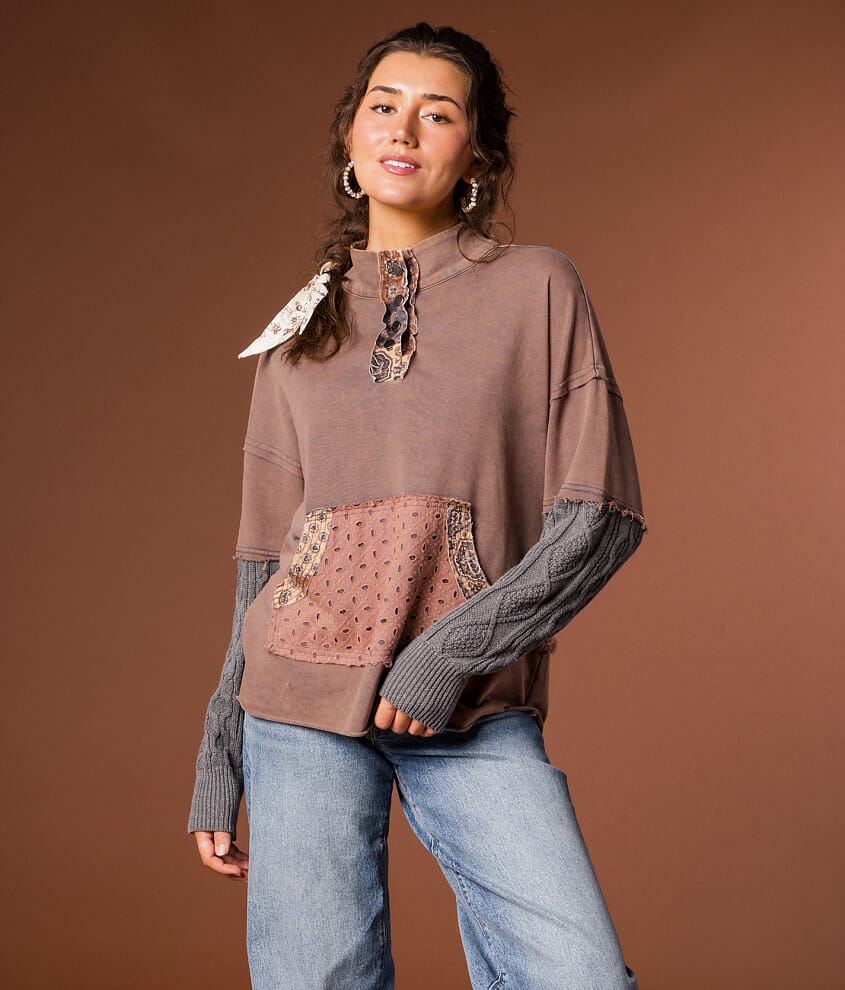 Mixed Media Washed Henley Pullover - thumbnail 2