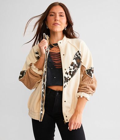 BKE Pieced Cow Print Jacket front view