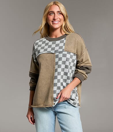 BKE Checkered Color Block Oversized Pullover front view