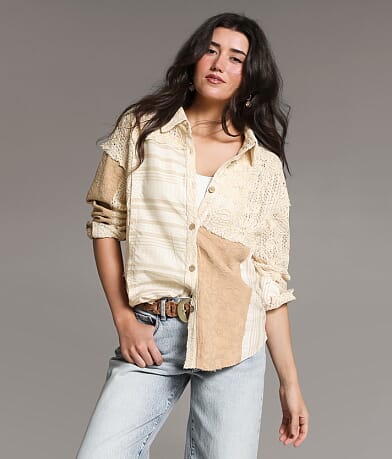 BKE Pieced Floral Crochet Shirt front view