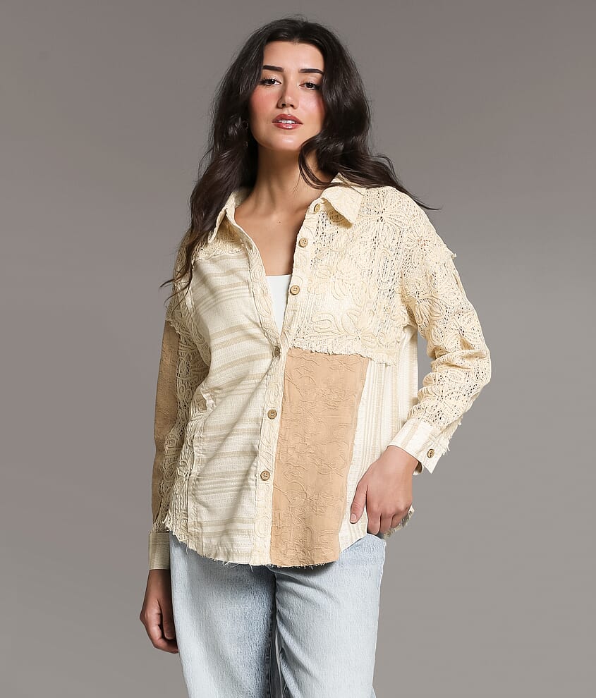 Pieced Floral Crochet Shirt