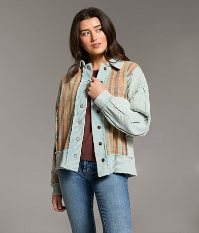 Pieced Waffle Knit Striped Shacket thumbnail 2