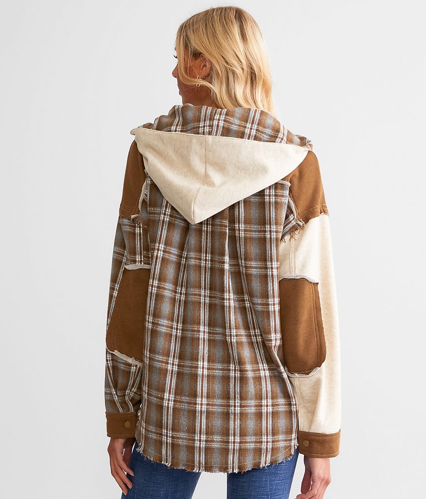 Plaid Pieced Hooded Shacket