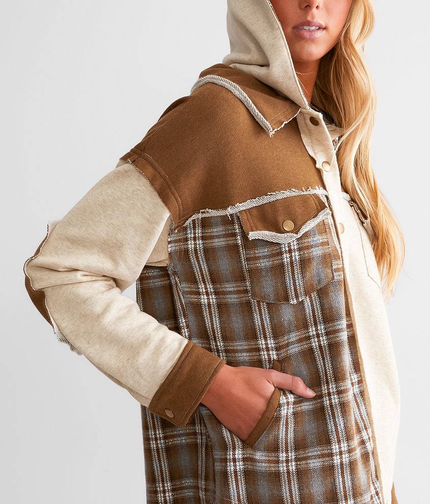 Plaid Pieced Hooded Shacket