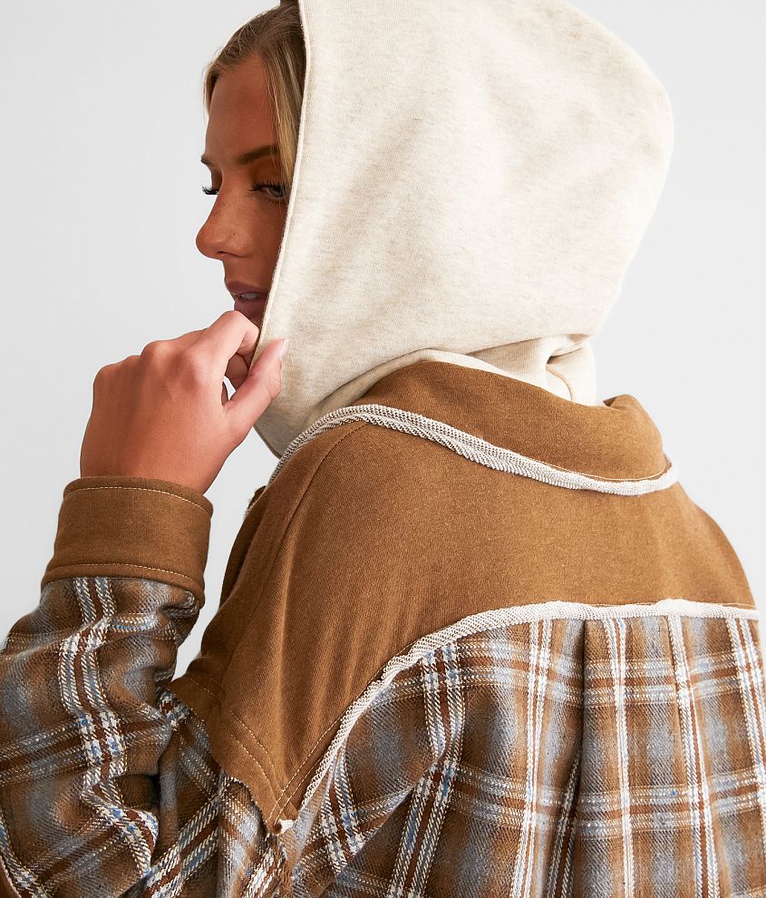 Plaid Pieced Hooded Shacket