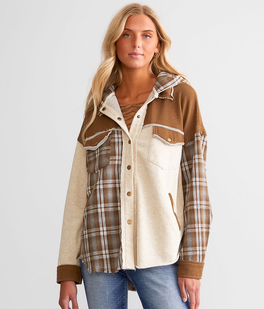 Plaid Pieced Hooded Shacket