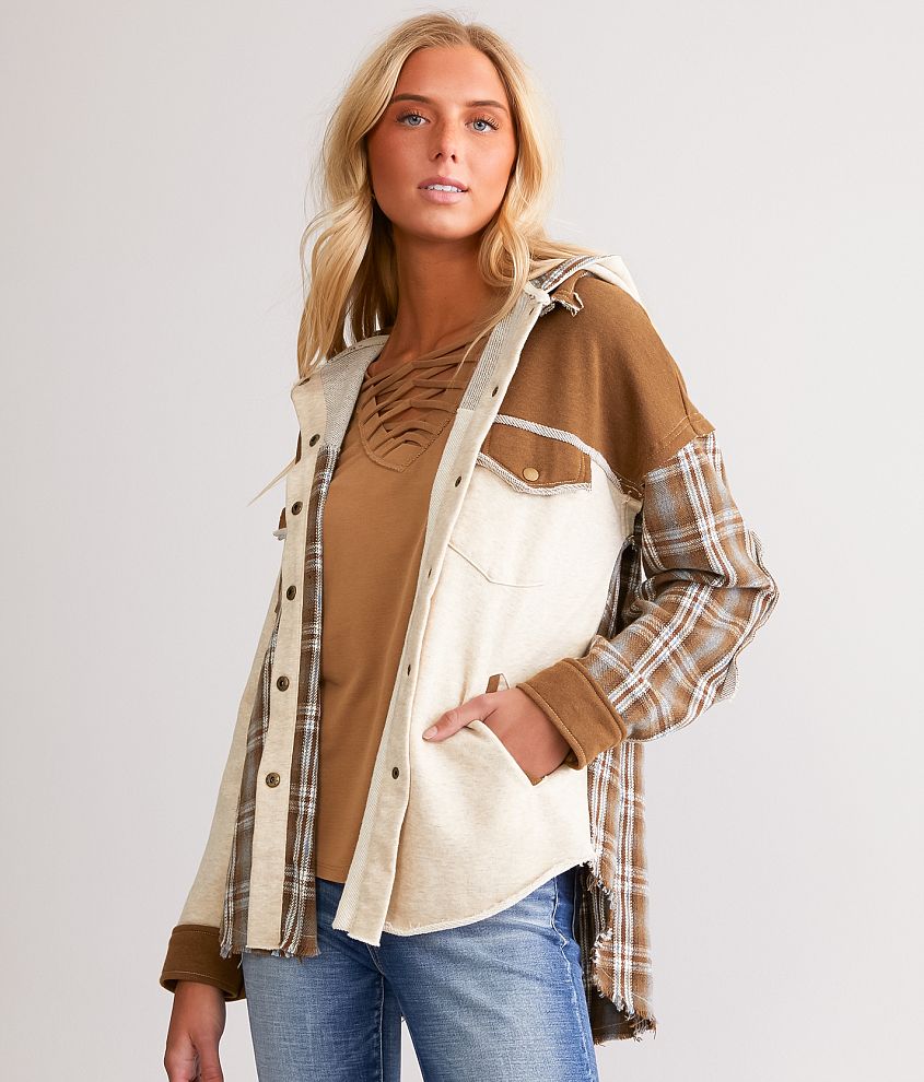 Plaid Pieced Hooded Shacket