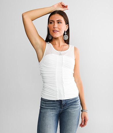 red by BKE Ruched Mesh Tank Top front view