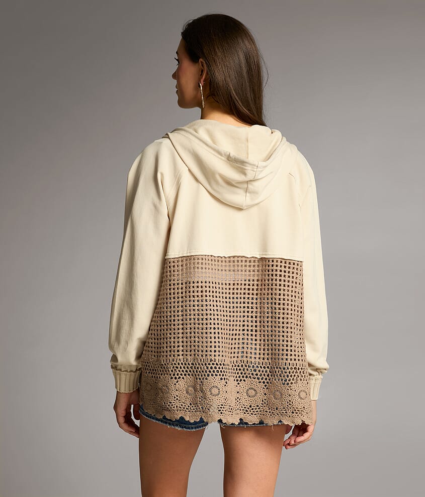 Pieced Crochet Hooded Cardigan