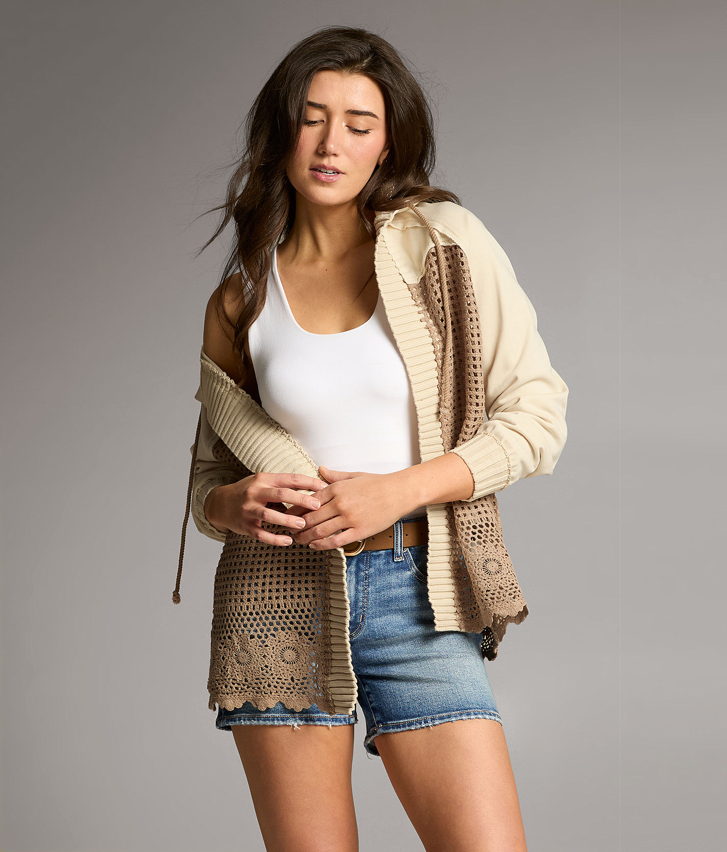 BKE Pieced Crochet Hooded Cardigan - Women's Sweaters in Tonal