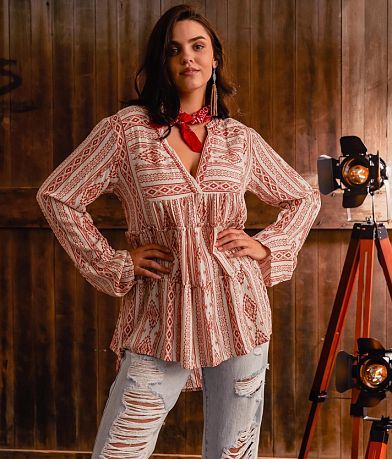Sterling & Stitch Tiered Split Neck Top front view