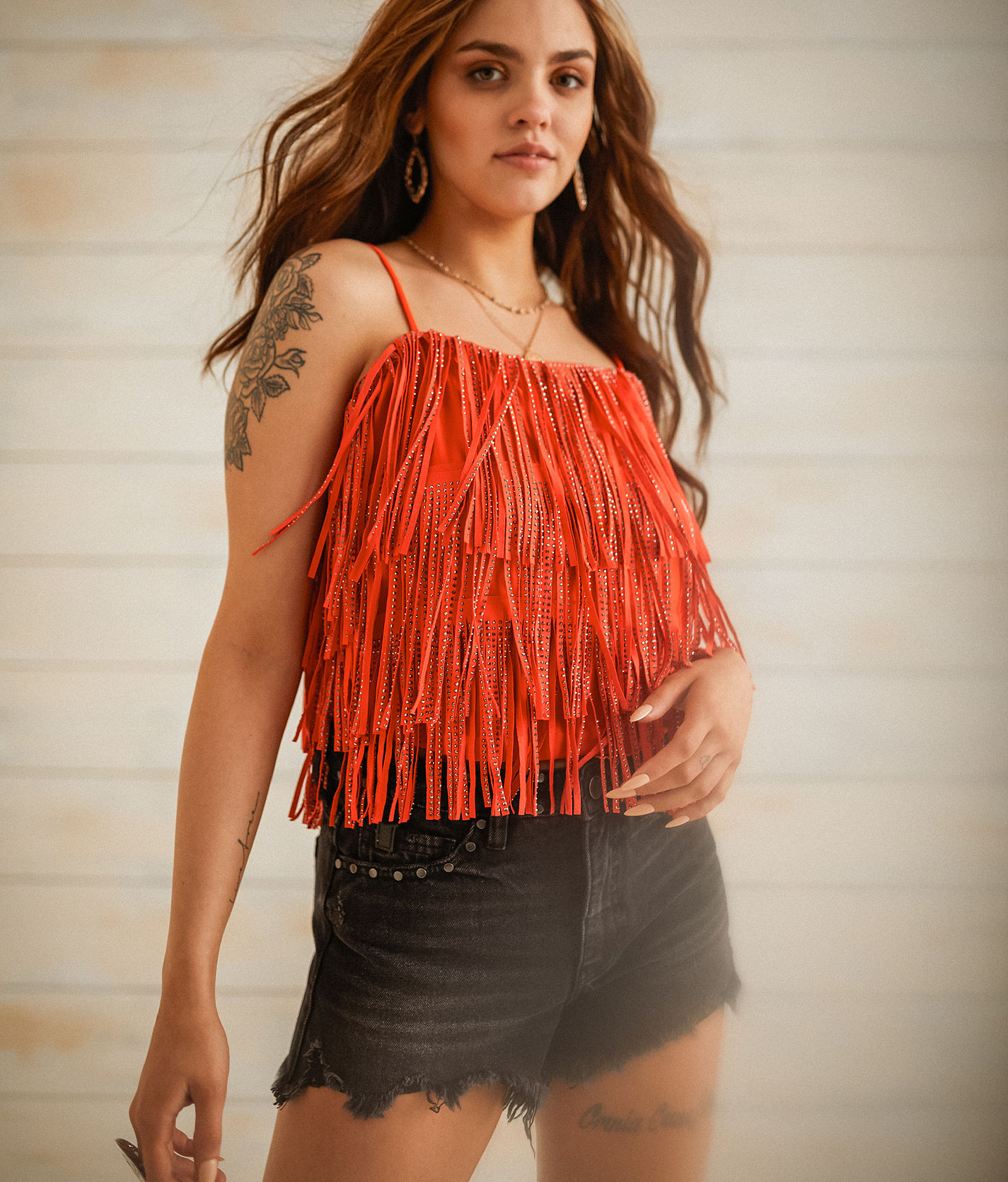 Sterling & Stitch Tiered Rhinestone Fringe Tank Top - Women's Tank Tops in  Spicy Orange