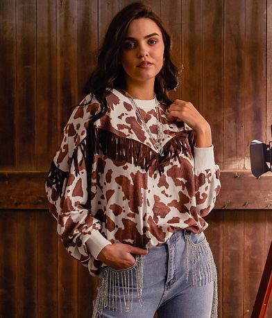 Sterling & Stitch Cow Print Fringe Top front view