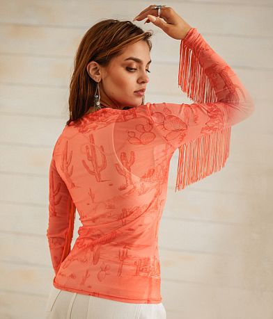Sterling &amp; Stitch Desert Mesh Fringe Top back view