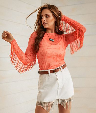 Sterling & Stitch Desert Mesh Fringe Top front view