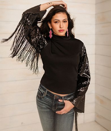 Sterling & Stitch Sequins Fringe Top front view