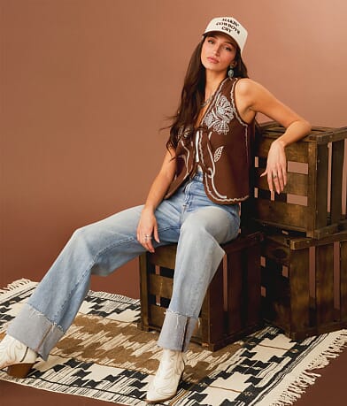 Sterling & Stitch Embroidered Front Tie Vest front view