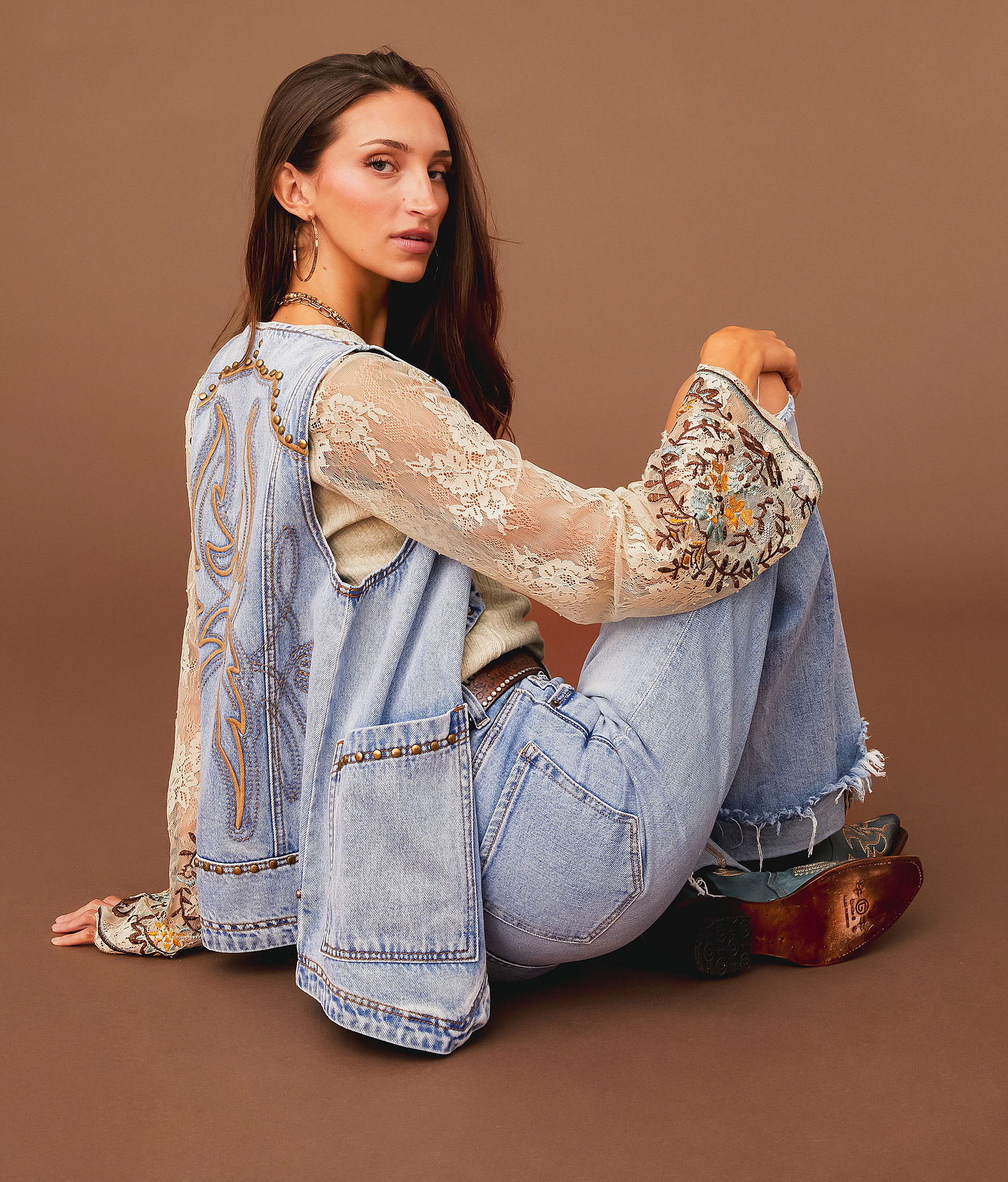 Sterling & Stitch Embroidered Denim Vest - Women's Coats & Jackets