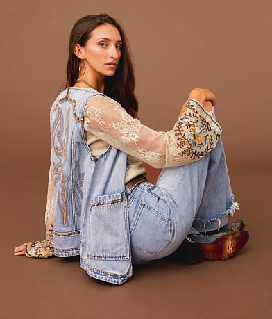 Sterling & Stitch Embroidered Denim Vest front view