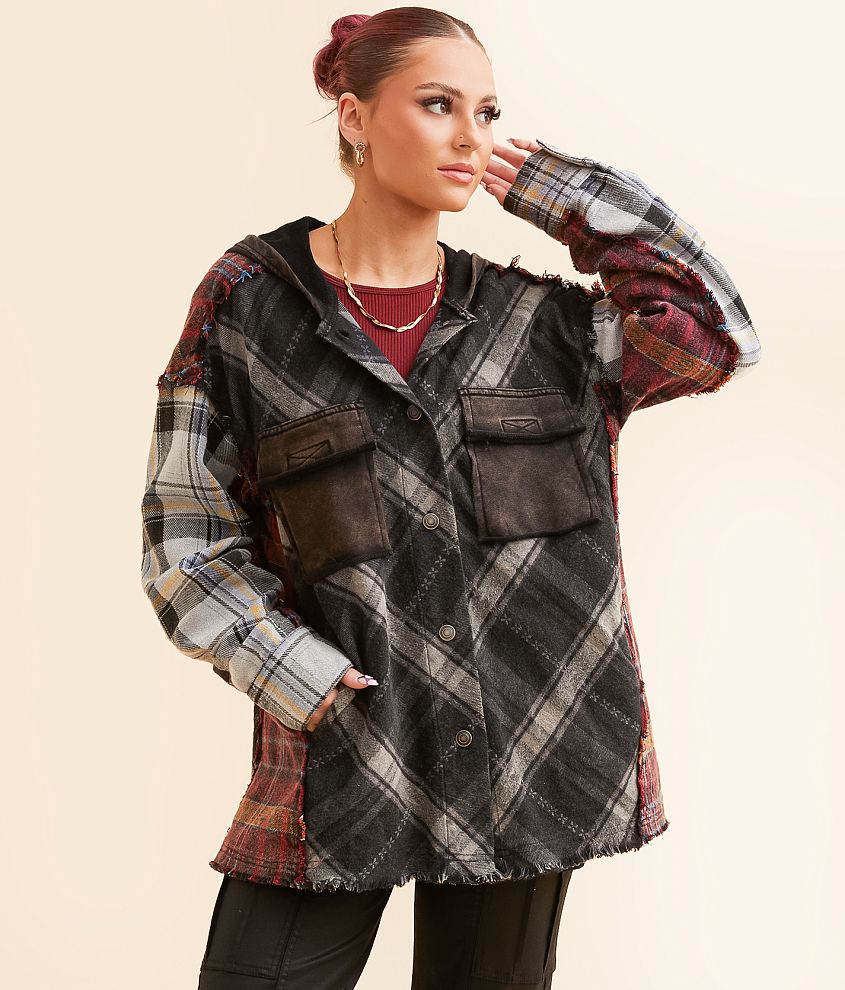 Gilded Intent Pieced Plaid Boyfriend Hooded Shacket front view