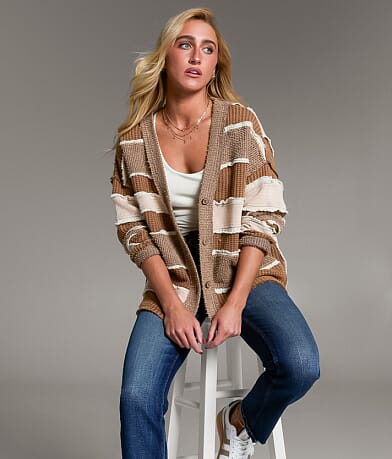 BKE Textured Stripe Cardigan Sweater front view