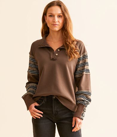 BKE Pieced Sweater Knit Henley Pullover front view