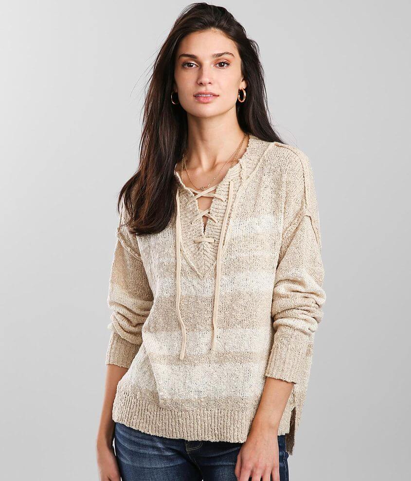 BKE Striped Lace-Up Sweater - Women's Sweaters in Taupe Cream | Buckle