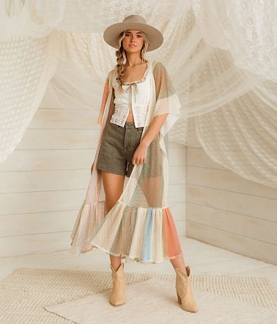 Gimmicks Striped Ruffle Maxi Kimono - One Size front view