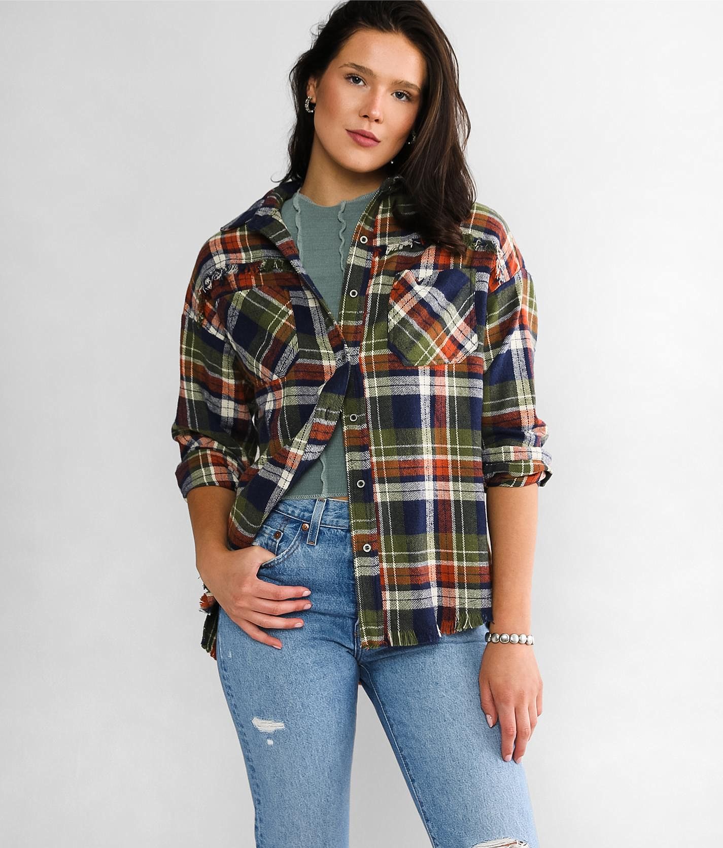 BKE Studded Flannel Shirt - Women's Shirts/Blouses in Red Blue Black
