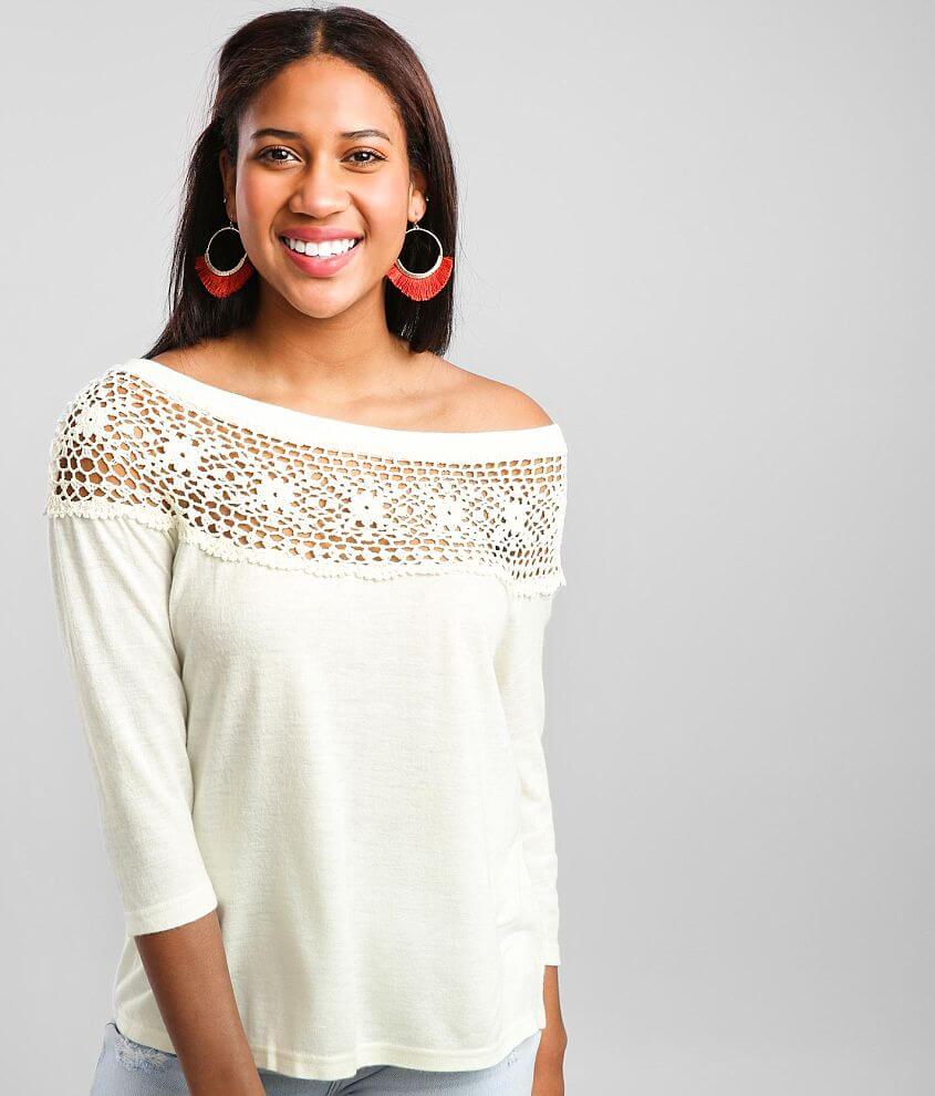 Daytrip Crochet Yoke Wide Neck Top Women s Shirts Blouses in